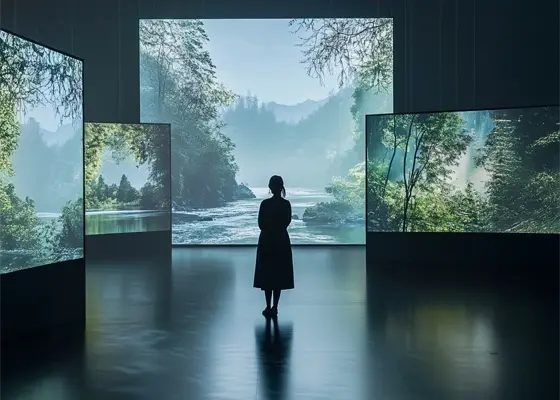 Persona al centro di un'esperienza museale immersiva, circondata da schermi con contenuti coinvolgenti e interattivi