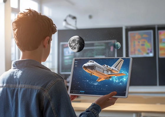 Esperienza di apprendimento immersivo su un tablet con esplorazione di un modello 3D di uno shuttle spaziale