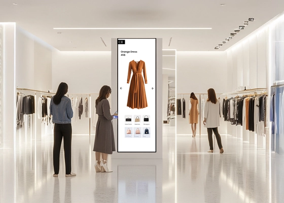 Persone in un negozio che interagiscono con un kiosk interattivo, simbolo di un'esperienza immersiva in-store